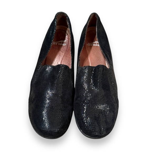 Dansko Farah Black Leather Lizard Reptile Embossed‎ Slip On Loafers Clogs Sz 41 - Picture 2 of 15